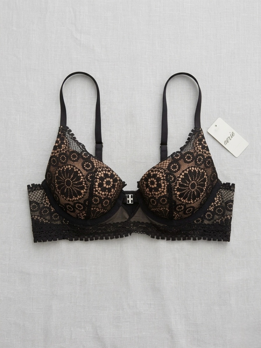 aerie Black Lace Plunge Bra with Nude Lining